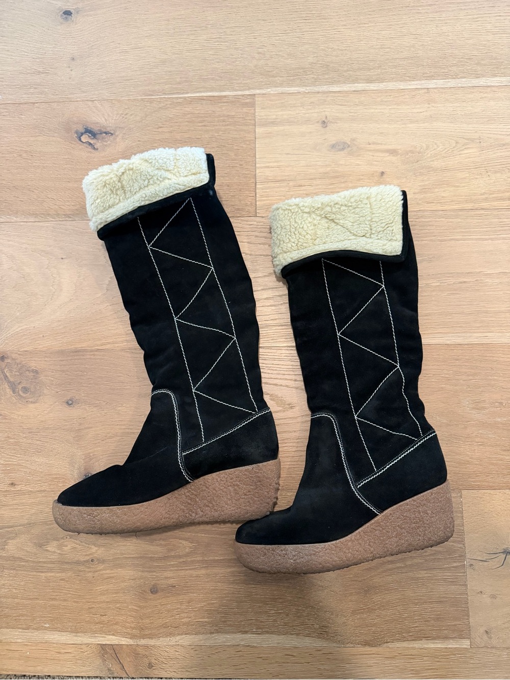 MICHAEL KORS Shearling Wedge Boots Knee High Black Boho Y2K Cottagecore 8